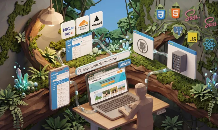 Diorama 3D low poly que muestra la conexión entre un dominio, servidor de hosting y desarrollo web en un entorno natural