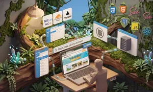 Diorama 3D low poly que muestra la conexión entre un dominio, servidor de hosting y desarrollo web en un entorno natural