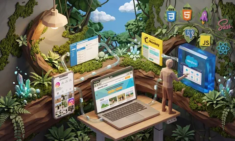 Ecosistema digital conectado con sitio web, email, redes sociales y herramientas de desarrollo