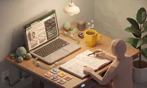 Diseñador revisando bocetos y código de un sitio web antes de rediseñarlo