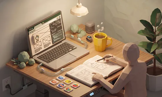 Diseñador revisando bocetos y código de un sitio web antes de rediseñarlo
